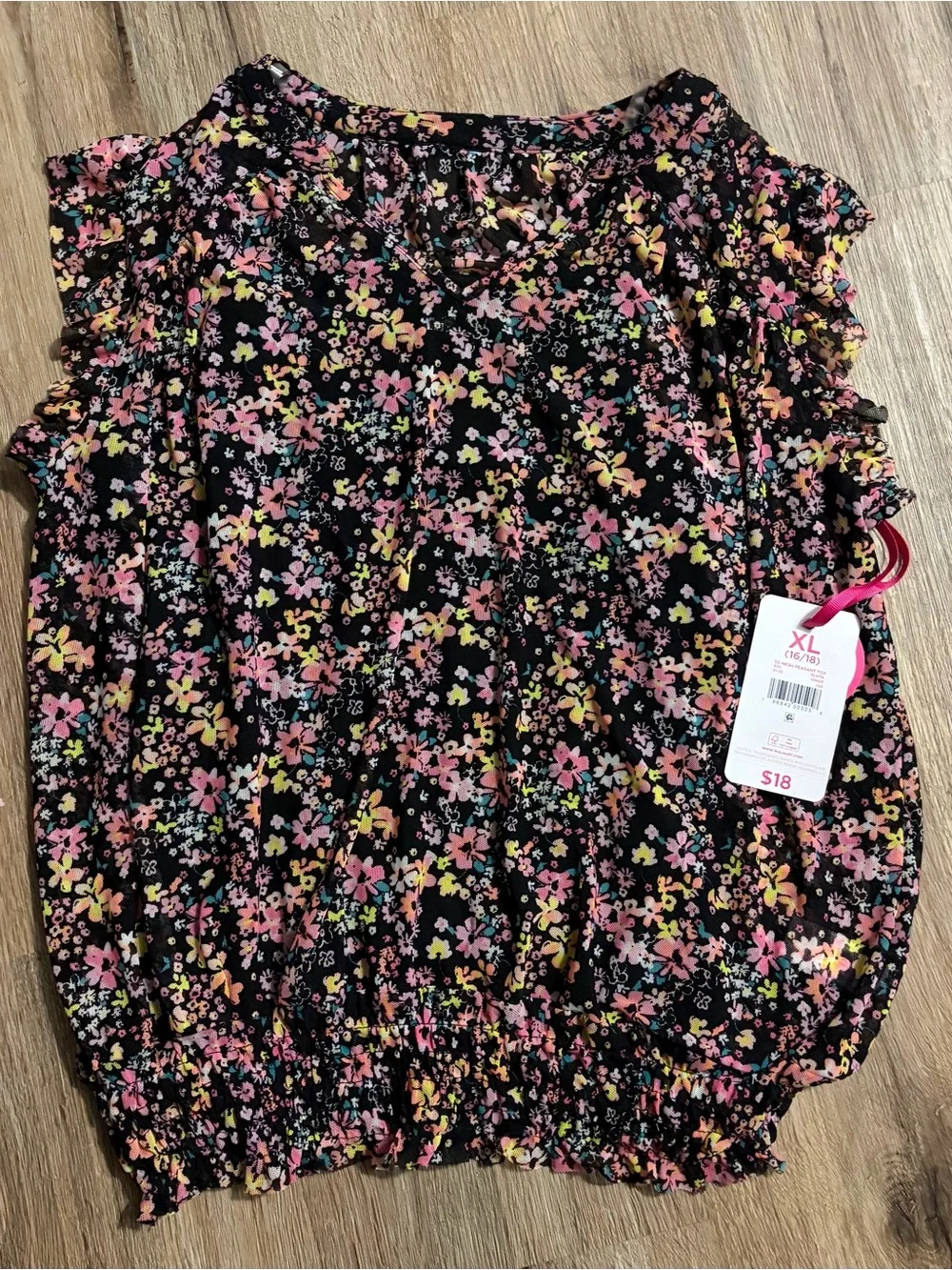 Justice - Floral Ruffle Sleeve Mesh Peasant Top - Size XLG/16-18